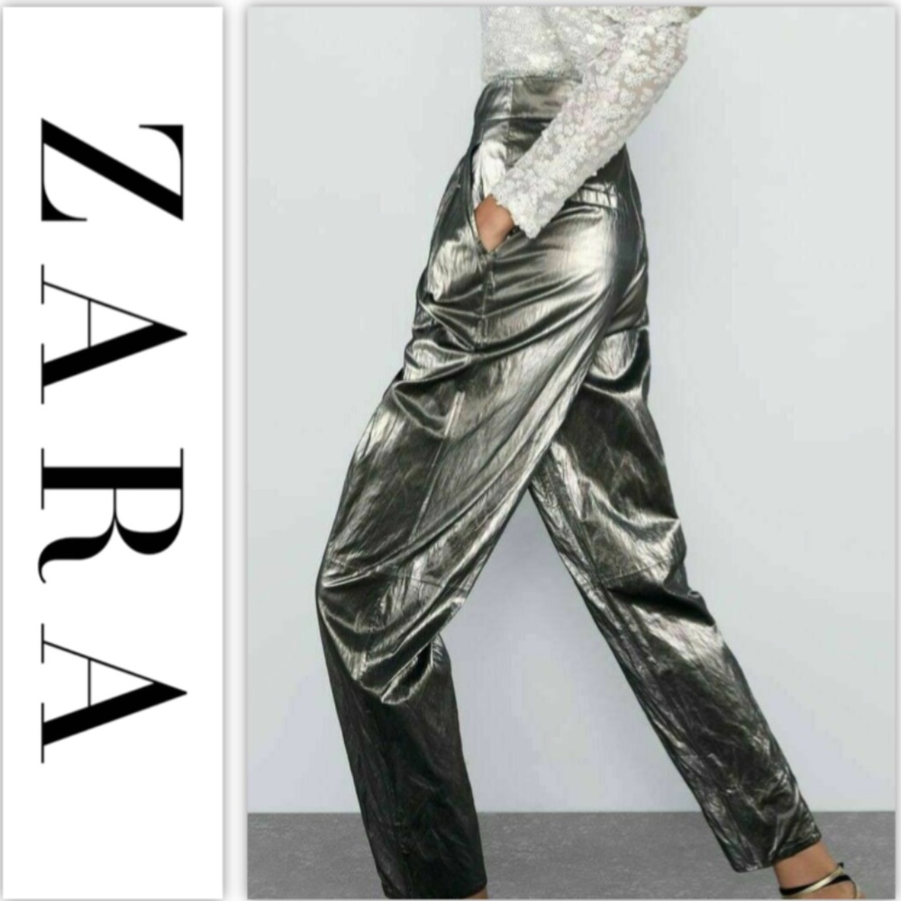 Zara Wrinkled-effect Metallic Trousers NWT - Picture 9 of 12